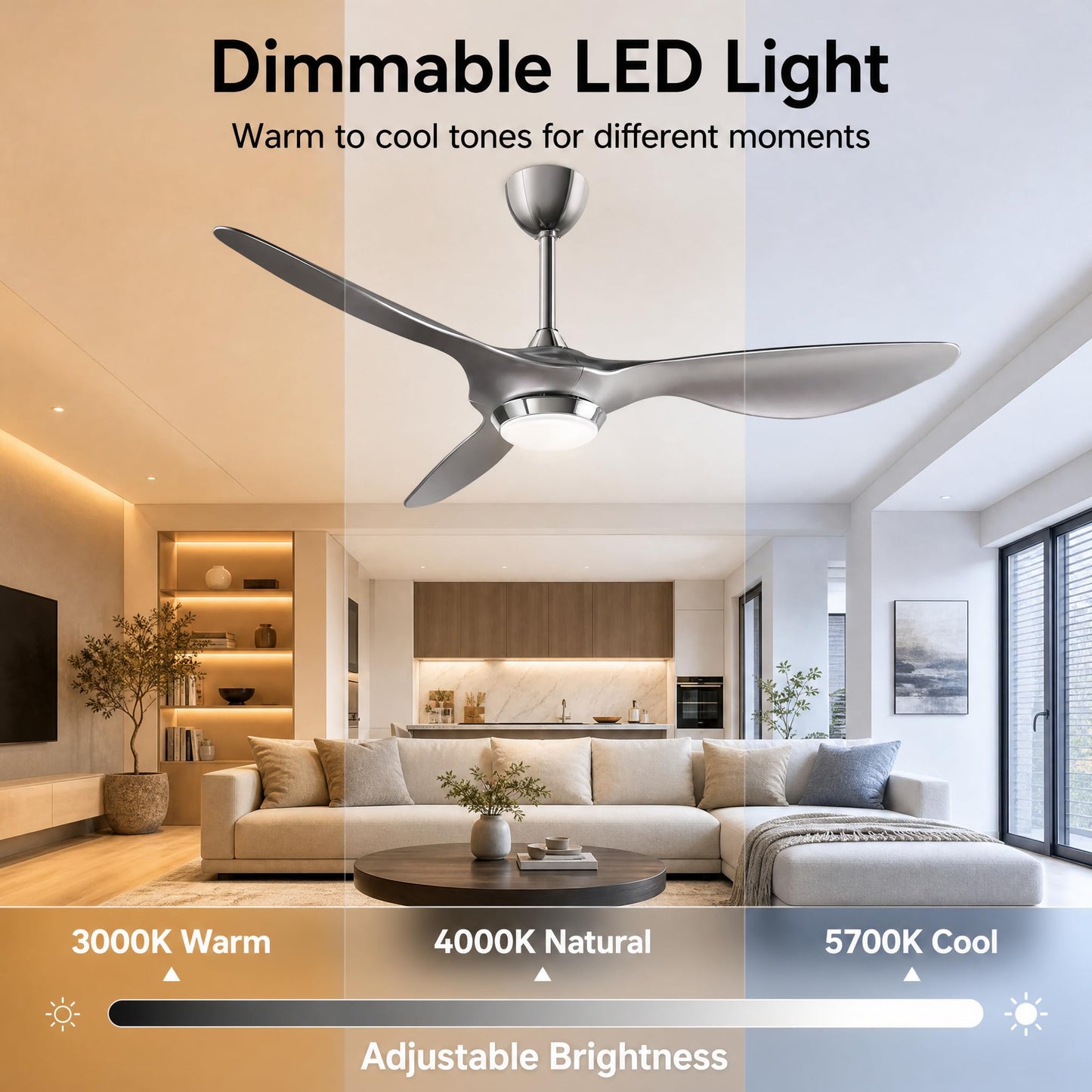 reiga 52 Inch Modern Smart Wifi Ceiling Fan with Light and Remote Control, Living Room Bedroom patio 3 Blade Ceiling Fans with Reversible Mute DC Moto