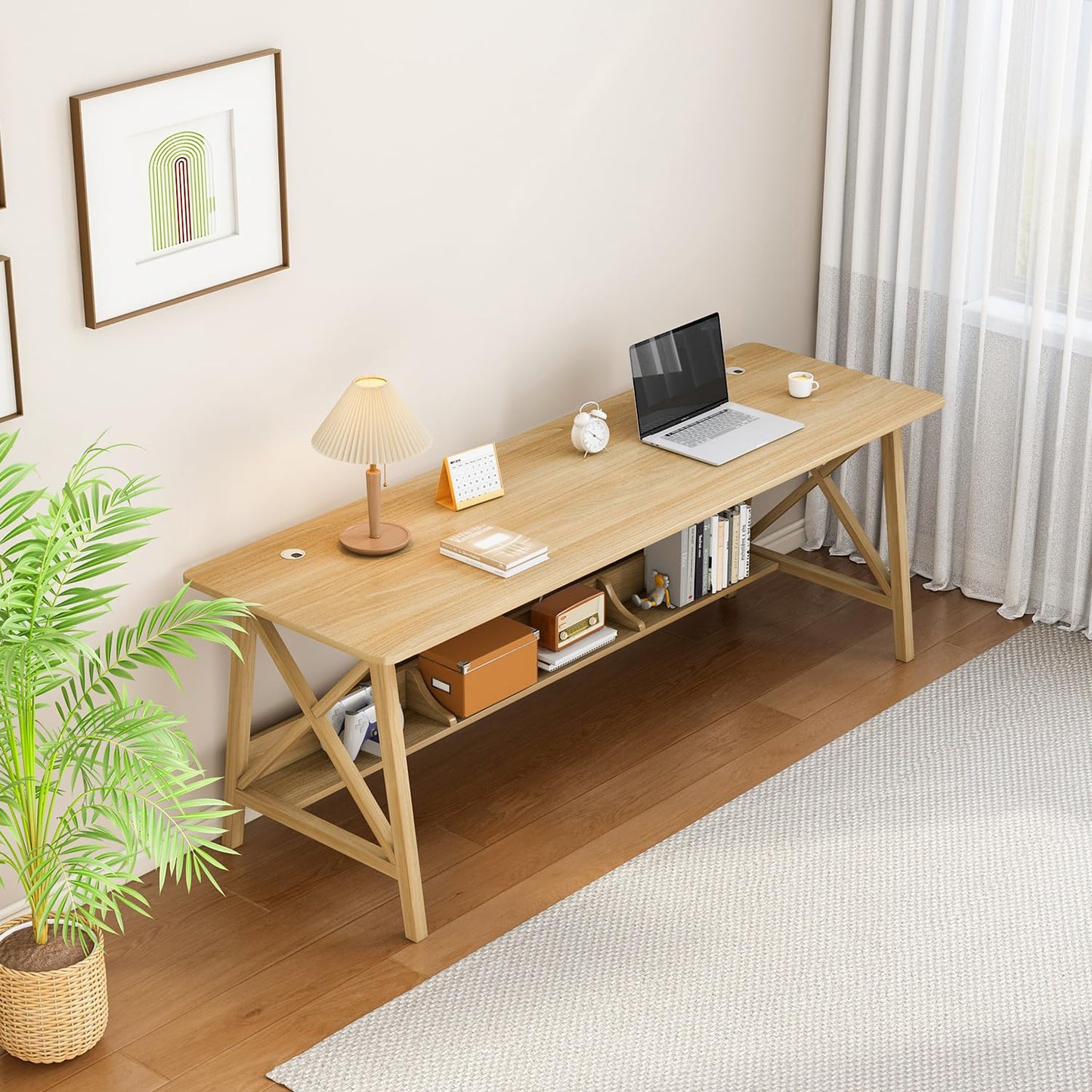 NELYE Extra Long Desk with Bookshelf - Solid Wood Home Office Work Study Table, 2-Person Writing Computer Workstation with Storage Shelf in Oak, 71" Wx24 Dx30 H