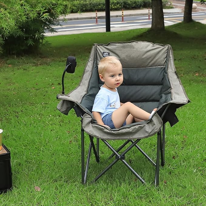 LANMOUNTAIN Oversized XL Folding Camping Chair,Heavy Duty Support 400Lbs,Large Comfy Padded Camp Chair for Adults,Lawn Arm Chair w/Cup Holder,Phone Holder,Carry Bag Perfect for Outdoor (Brown