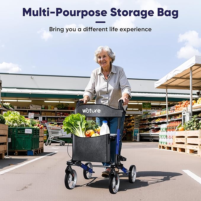 WOTURE Walkers for Seniors, Foldable Rollator Walker with Seat, Height Adjustable, 8'' All Terrain Big Wheels, Lightweight Mobility Aid with Hand Brake & Storage Bag, Blue