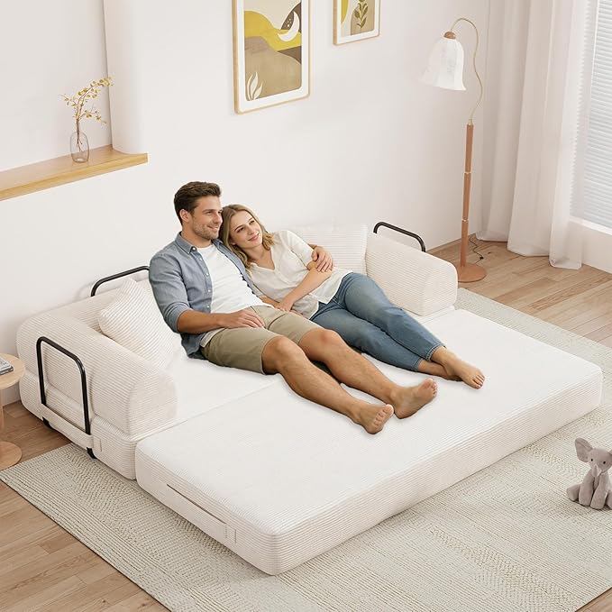 77" Convertible Sofa Bed, Modular Folding Futon Corduroy Floor Foam Compressed Loveseat Sleeper Sofa Couch, Pull Out Queen Size Couch Bed with 2 Pillows for Living Room Guest Room Studio, Beige