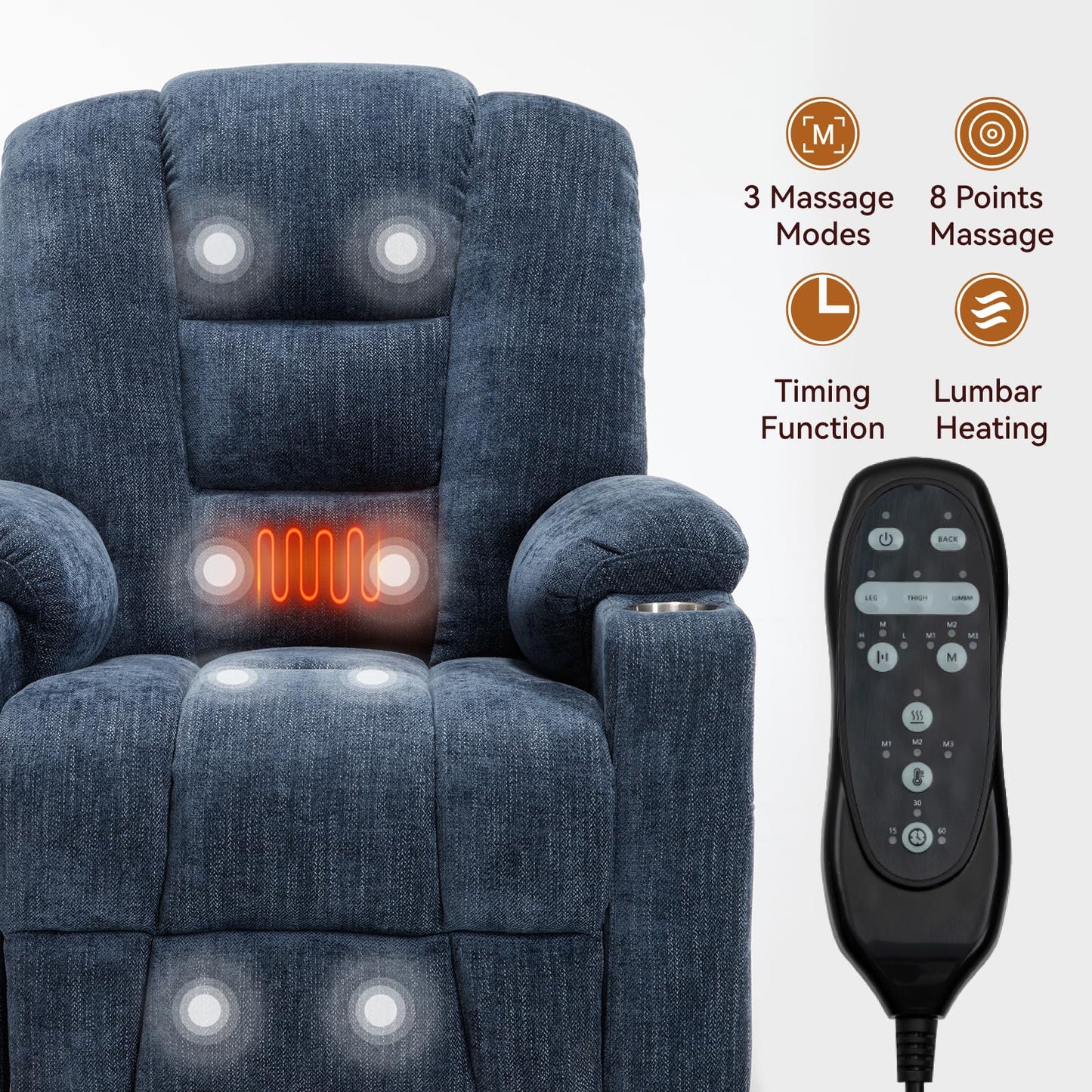 KEIKI Oversized Power Lift Recliner Chair with Heat & Massage, Reding Rocking Chair for Adult, High Seat Chenille Recliner with Side Pocket, USB Port, Cup Holder, Lumbar Support for Living Room, Blue