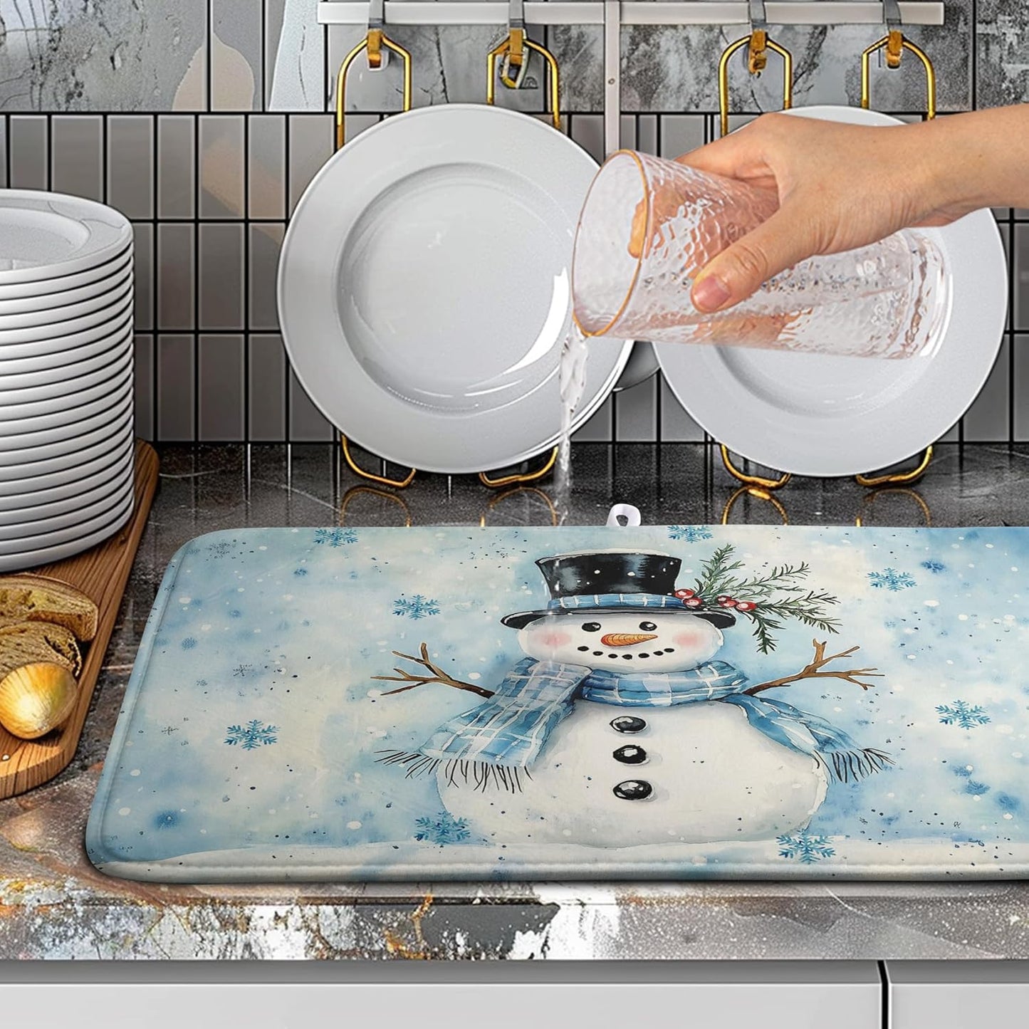 Snowman Super Absorbent Dish Drying Mat, 18x24 Inch, Winter Blue Snowflake Dish Drainer Rack, Large, Microfiber Dry Mat, Christmas Kitchen Accessory