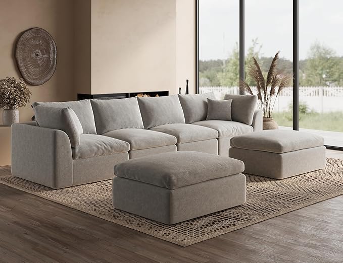 ohllob Oversized Cloud Sectional Couches for Living Room, Boneless U Shaped Couch with Ottoman, 4 Seater Modular Sectional Sofa, Light Grey