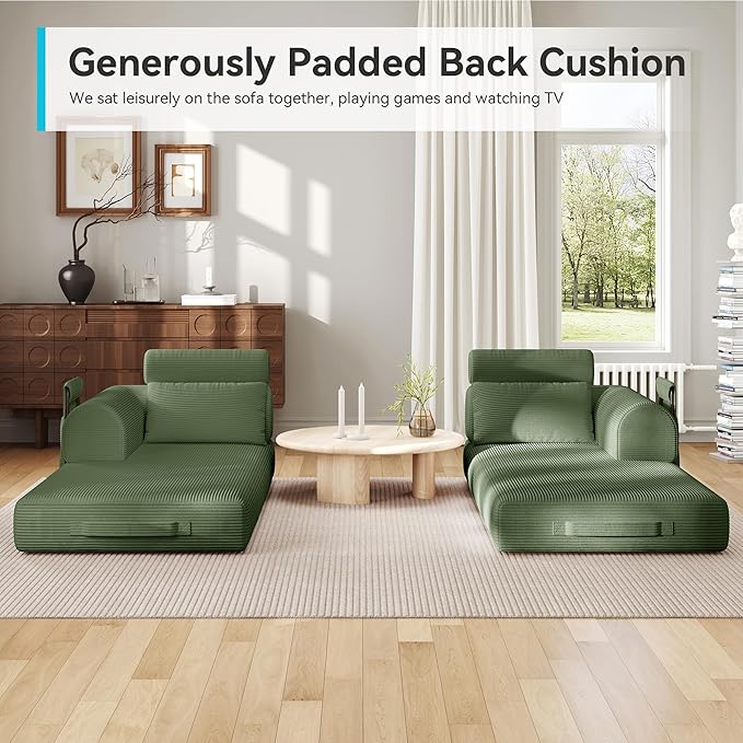 ZQRhome Convertible Folding Couch Bed, Comfy Corduroy Sleeper Floor Sofa Bed with Fixed-Shape Frame, Floor Sofa with Armrest, Lounge Couch for Living Room Bedroom Lounge Studio, High Backrest Green