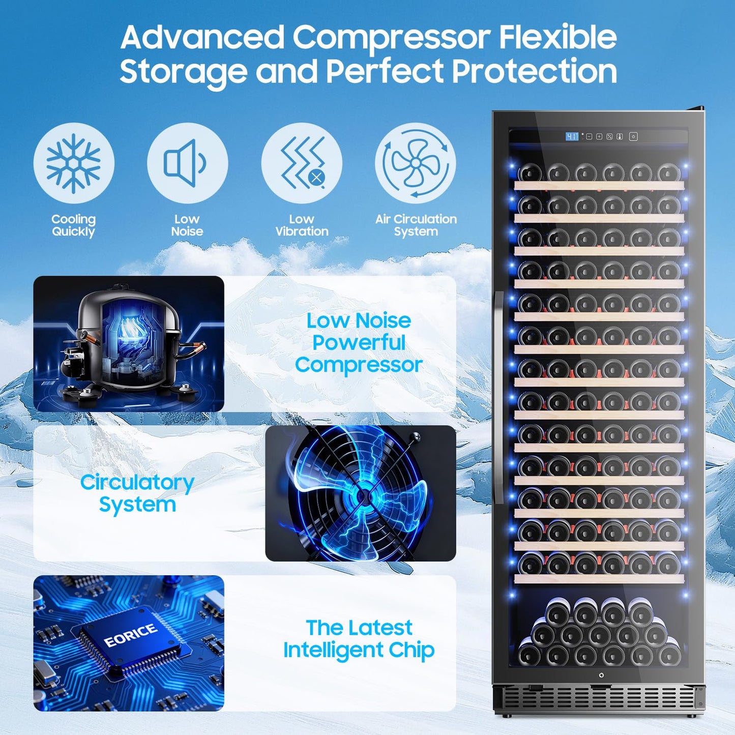 158 Bottles Wine Cooler Refrigerator, 24 Inch Built-in/Freestanding Wine Fridge with Upgraded Compressor, Fast Cooling, Intelligent Temperature Memory, Low Noise, 41℉-64℉ Large Capacity Wine Cooler