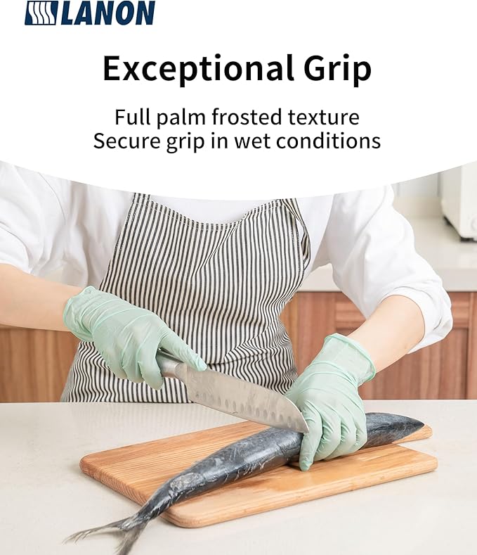 LANON 5 mil Vitamin-E Coated Latex Disposable Gloves, Food-Contact Grade, Fully Textured, Green, Medium