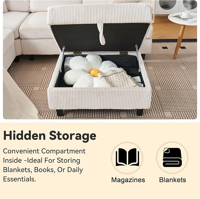 63" Modular Sectional Sleeper Sofa, Soft Durable Corduroy Loveseat with Armrest, 2 Cup Holders & 2 USB Ports, 21" Deep Seat Cloud Couch for Small Spaces Living Room Bedroom Office (White, 2 Seat)
