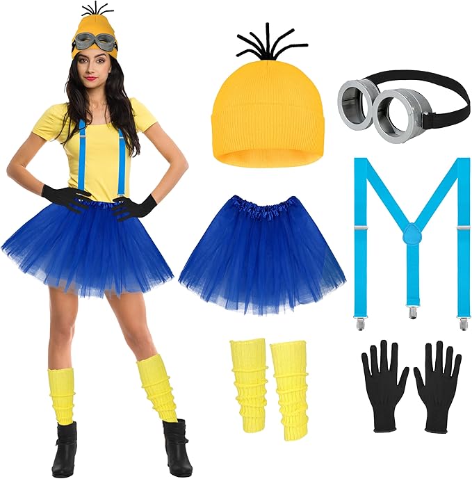 Tinyones 6 Pcs Women's Halloween Costume Accessories Set, Goggles/Yellow Beanie/Blue Dress/Blue Suspenders/Gloves/Yellow S...