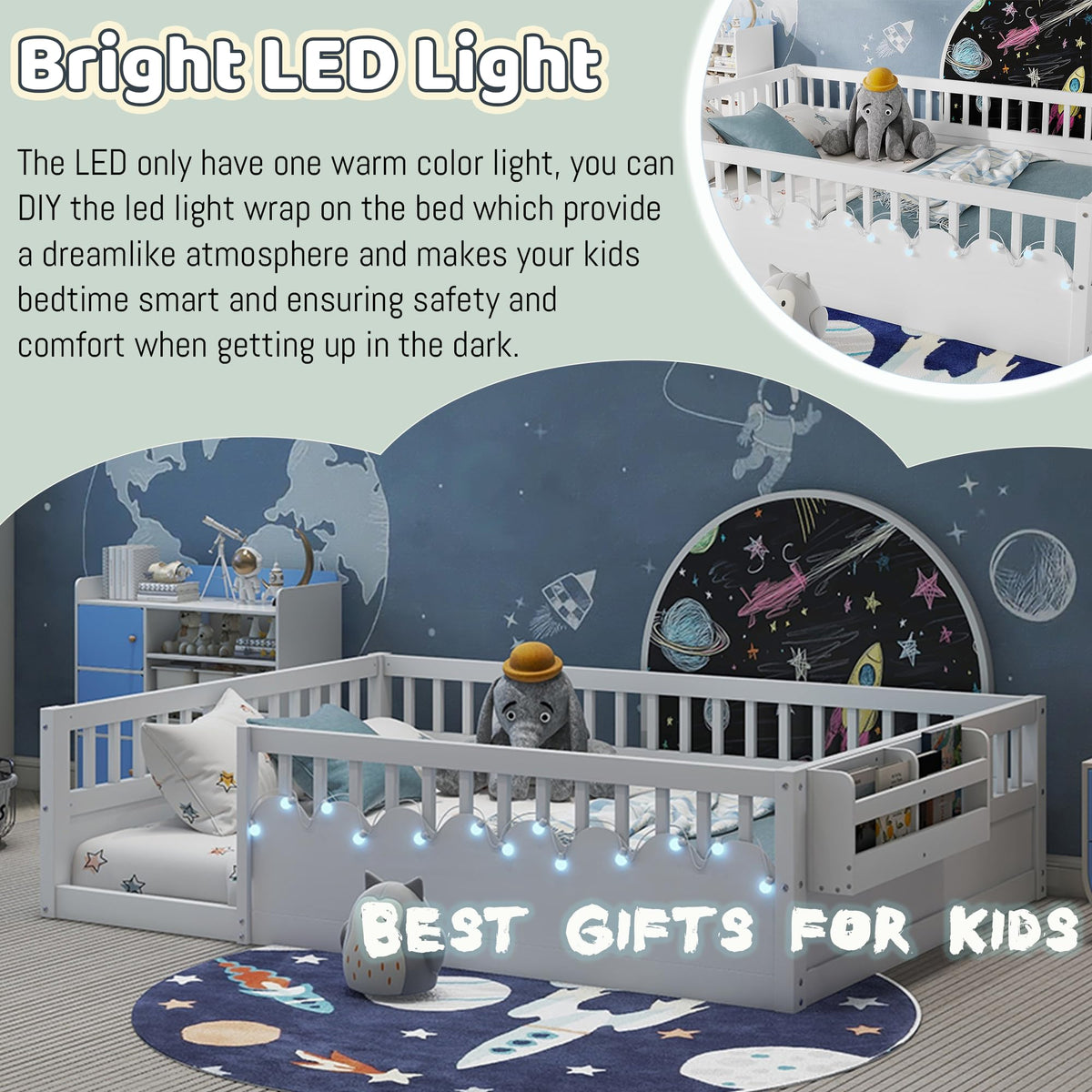Twin Size Floor Bed with High Rails, Solid Wood Montessori Bed with Lights & Storage Shelf for Baby,Kids Bed Frame for Girls, Boys, Floor Bed Frame Without Slats,White