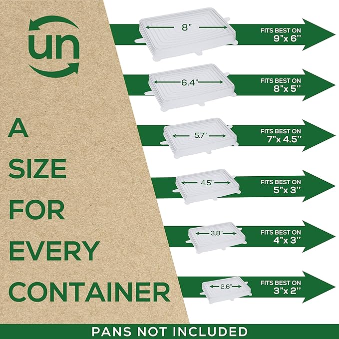 unwasted Reusable Silicone Lids (Variety Pack) – Upgrade Your Kitchen Gadgets with Our Rectangular Covers for Food Storage – Reusable Silicone Stretch Lids and Food Covers for Containers (Pack of 6)