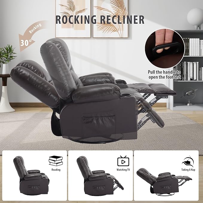 Massage Swivel Rocker Recliner with Heat, Brethable Leather Rocking Recliners Chair for Living Room, Modern Manual Recliner with Cup Holders, Overstuffed Single Sofa Chairs for Adults, Red Brown