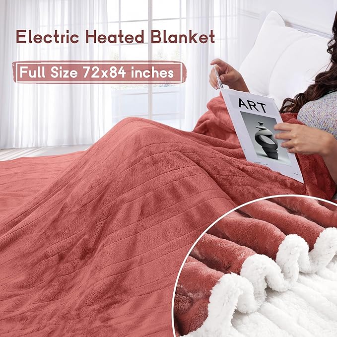 Heated Blanket Electric Blanket Full Size 72''x84'' with 9 Heating Levels, 1-10 Hour Auto Shut Off, Machine Washable, Flannel & Sherpa Soft Warming Blanket for Couch, Bed, Office - Brick Red