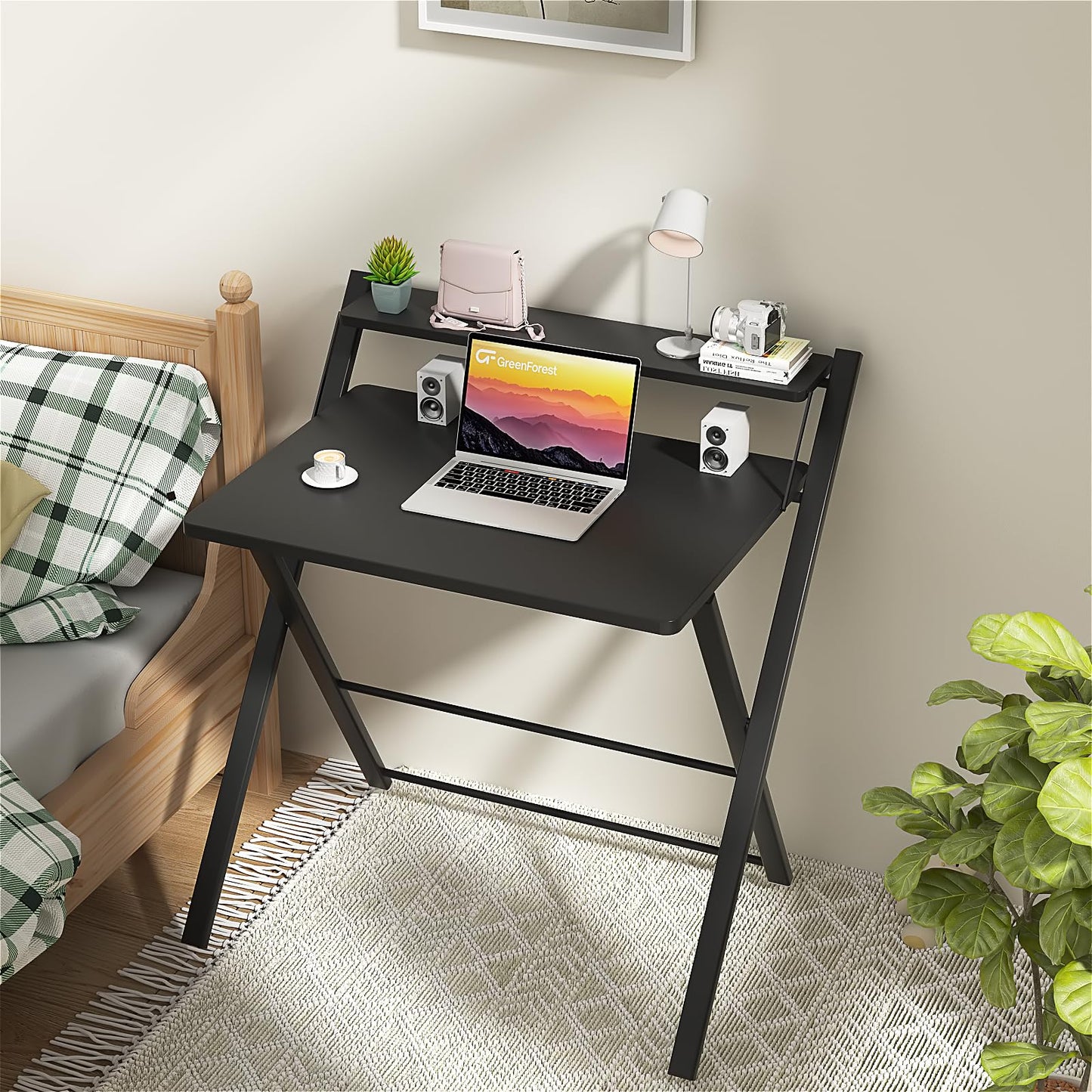 GreenForest No Assembly Folding Desk, 2-Tier Compact Computer Desk with Shelf, Space Saving Foldable Table for Home Office, Dorm or Apartment, Portable Collapsible Sturdy Laptop Desk, Black