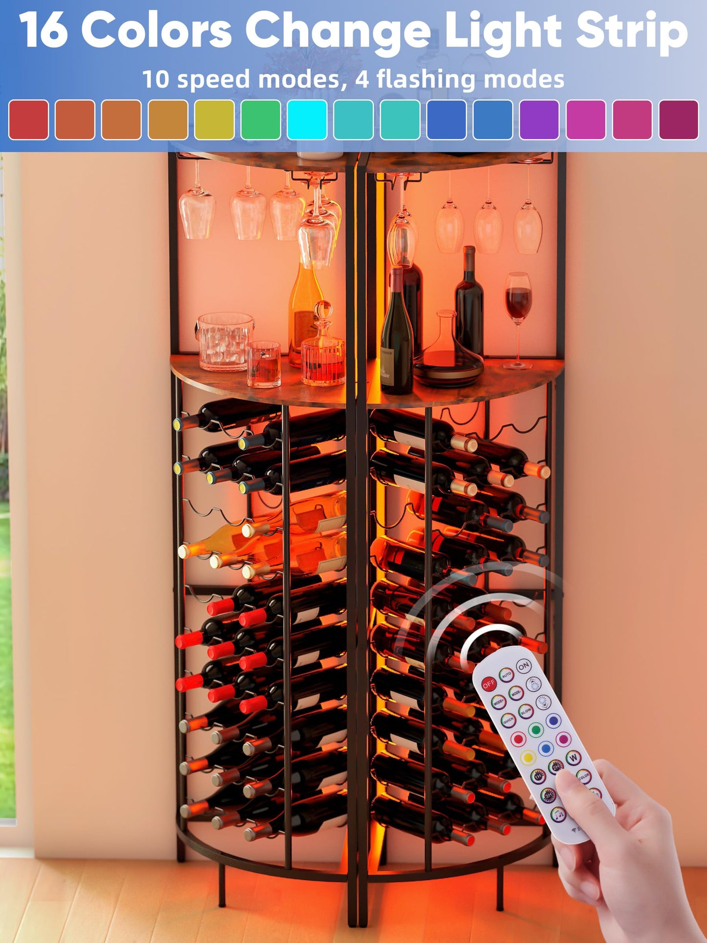 Qriocioa Corner Wine Rack with Led Strip Light Freestanding Floor with Wine Glass Holder 30 Bottle Wine Holder Rack Industrial Corner Liquor Cabinet Bar for Home Bar Kitchen Living Room (Rustic Brown)