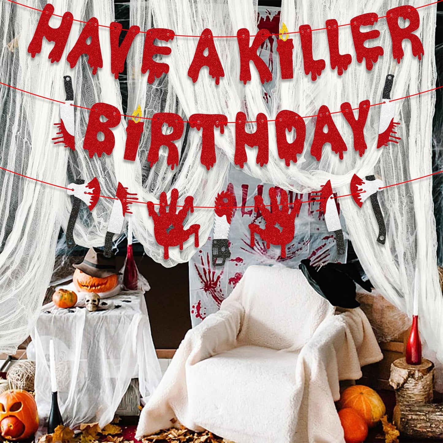 Stcomart Pre-Strung 6ft Glitter Have a Killer Birthday Banner for Halloween Birthday Party Decorations, Scary Bloody Halloween Decorations, Red