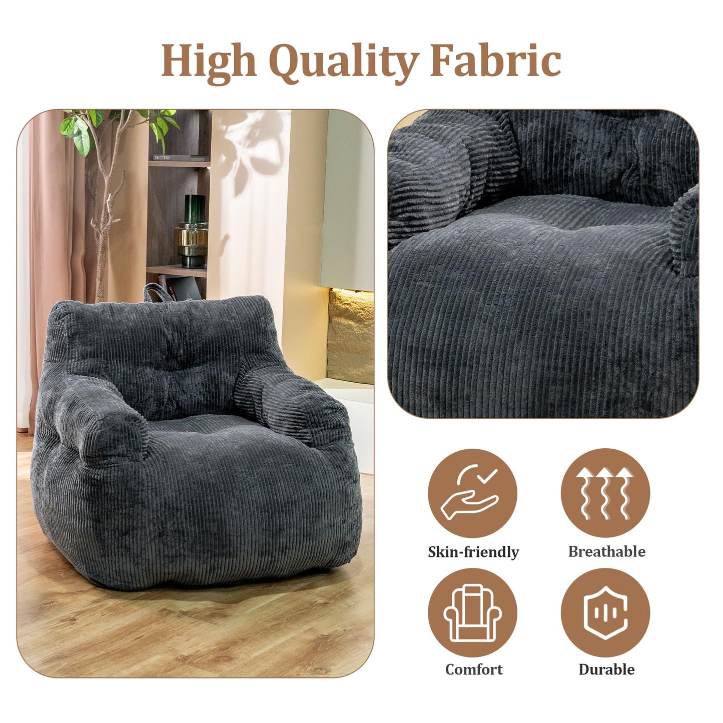 Stmoze Giant Bean Bag Chair, Faux Fur Large Bean Bag Chair for Adults, Fluffy and Comfy Giant Bean Bag Chair with Filler, Big Bean Bag Sofa Chair for Reading, Gaming, Grey
