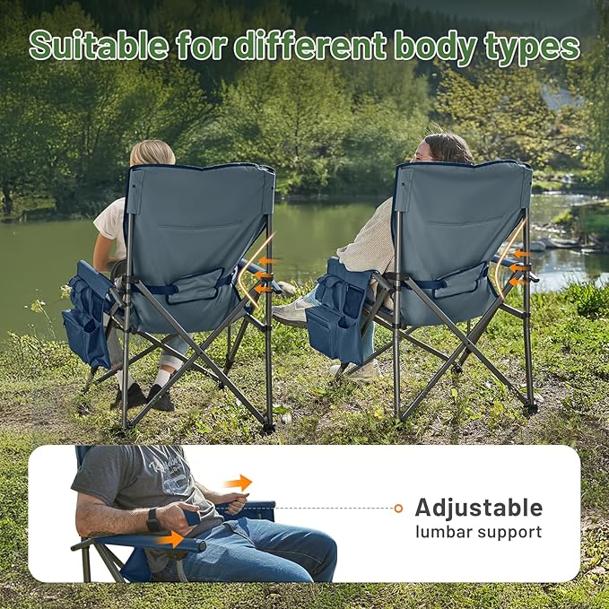 TIMBER RIDGE Oversized Folding Camping Chair with Lumbar Support Adjustable High Back Heavy Duty for Adults Support up to 500lbs with Cup Holder, Cooler Bag, Side Pocket, Blue 2 Pack