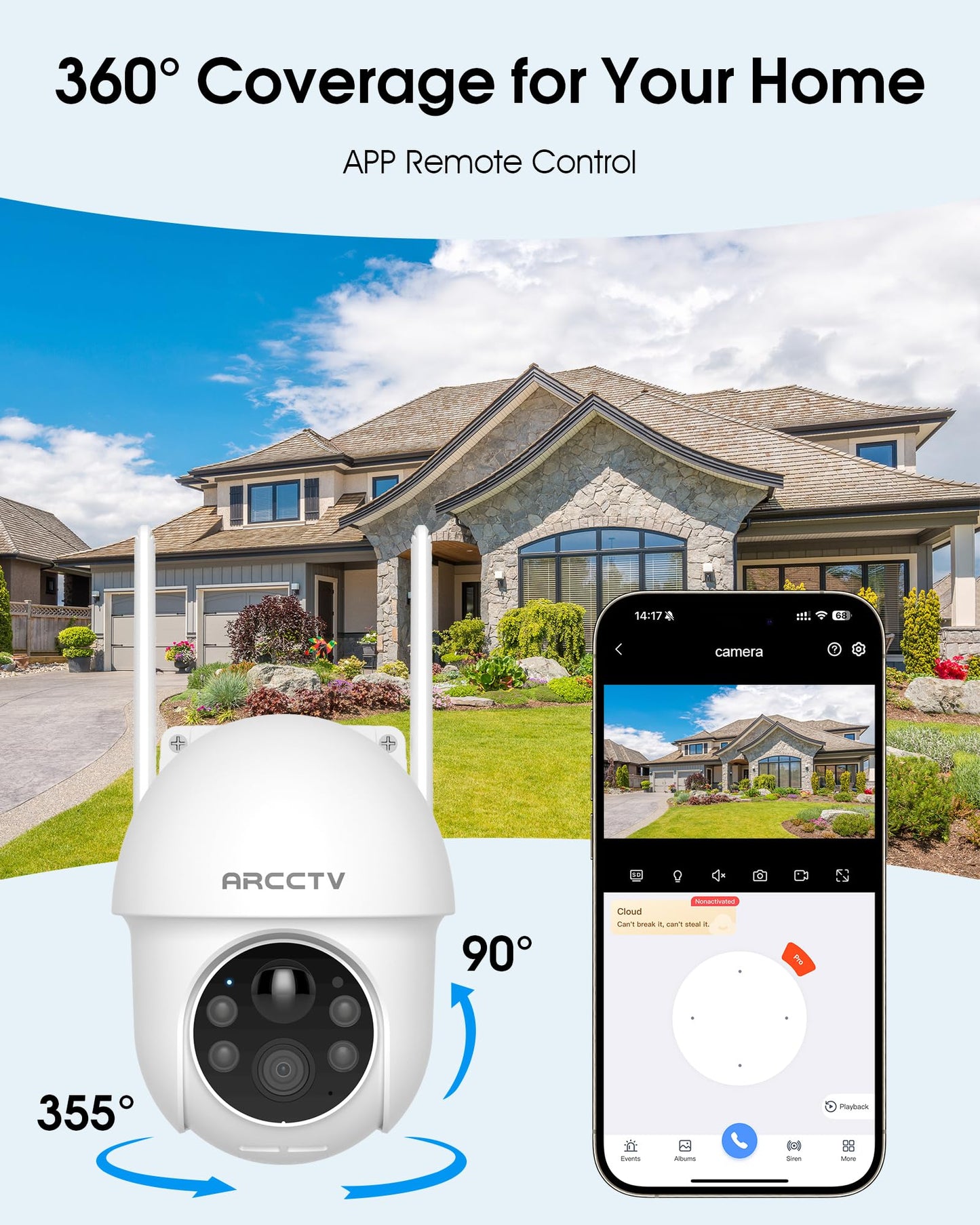 ARCCTV Solar Security Cameras Wireless Outdoor, 4MP 360° View Battery Powered Outdoor Camera, Night Vision with Spotlight, 2-Way Audio, PIR Motion Sensor, 2.4G/5G Dual Band WiFi, SD/Cloud Storage