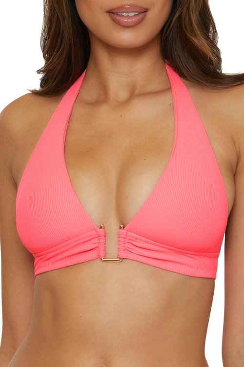 BECCA Women's Standard Modern Edge Halter Bikini Top, Adjustable, Tie Back, Swimwear Separates, Coral Reef