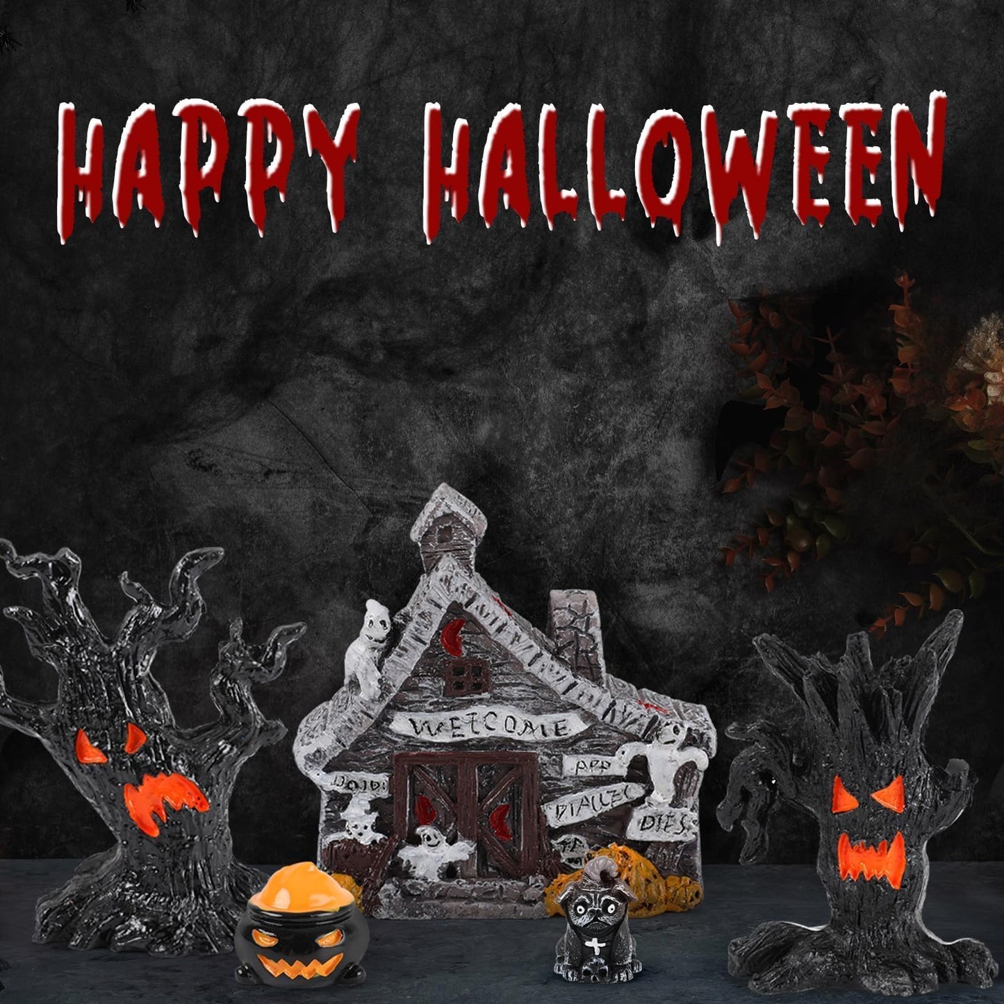 YLOLUL 30 Pcs Halloween Village Ornaments Accessories Figurines Town Miniatures Include Trees Pumpkins Black Dog Crows Skeletons Houses Wizard Bat for Halloween Village & Party Table Decorations