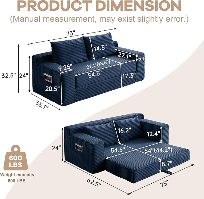 73" Convertible Sofa Bed, 2 in 1 Folding Couch Bed, Boneless Couch in a Box, Cloud Loveseat Sleeper, Fold Out Comfy Floor Futon Sofa with 2 Pillows for Living Room Bedroom, No Assembly (Blue, 73)