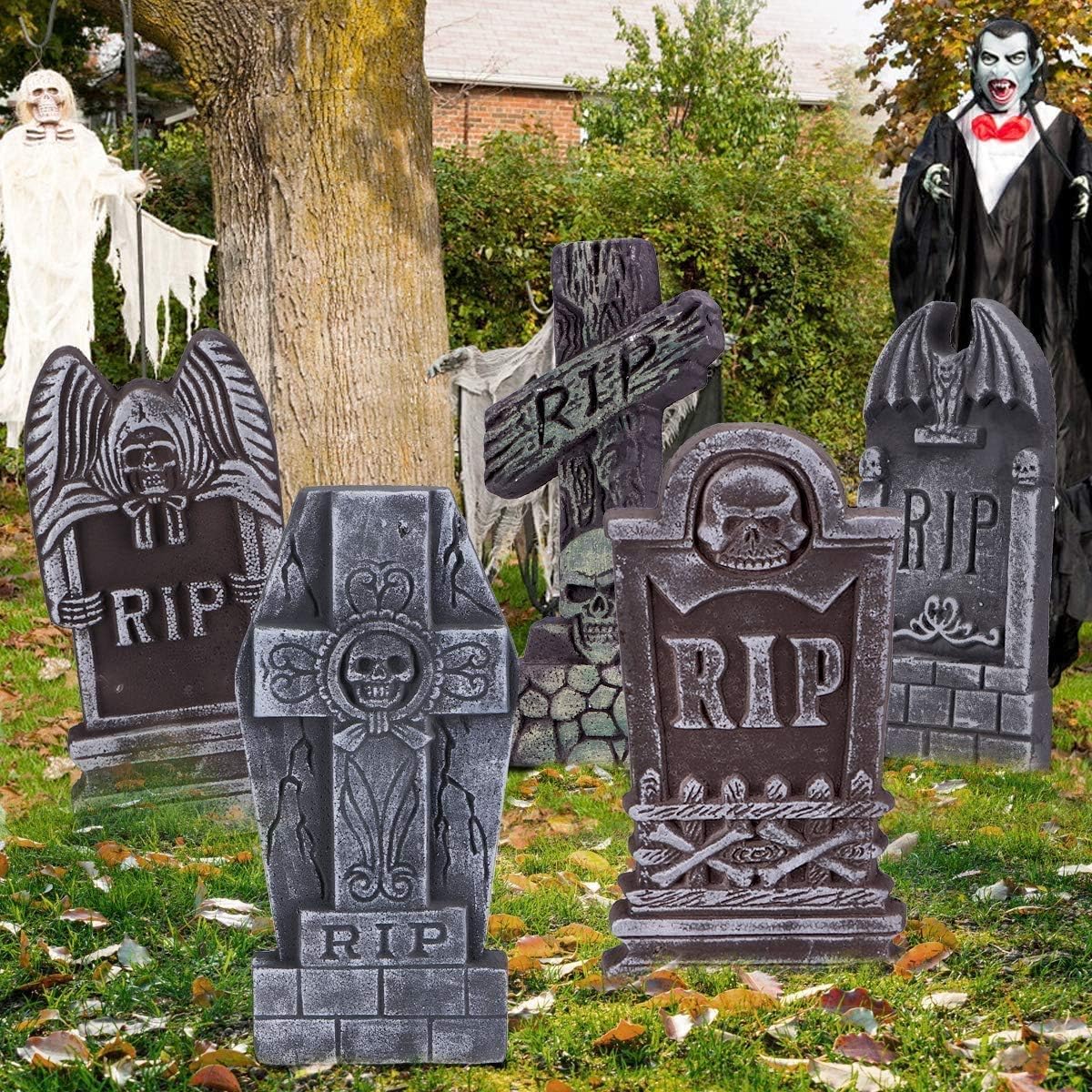 Sizonjoy AYOGU 17” Halloween Foam RIP Graveyard Tombstones, 5 Pack Tombstone with 10 Metal Stakes for Halloween Decorations