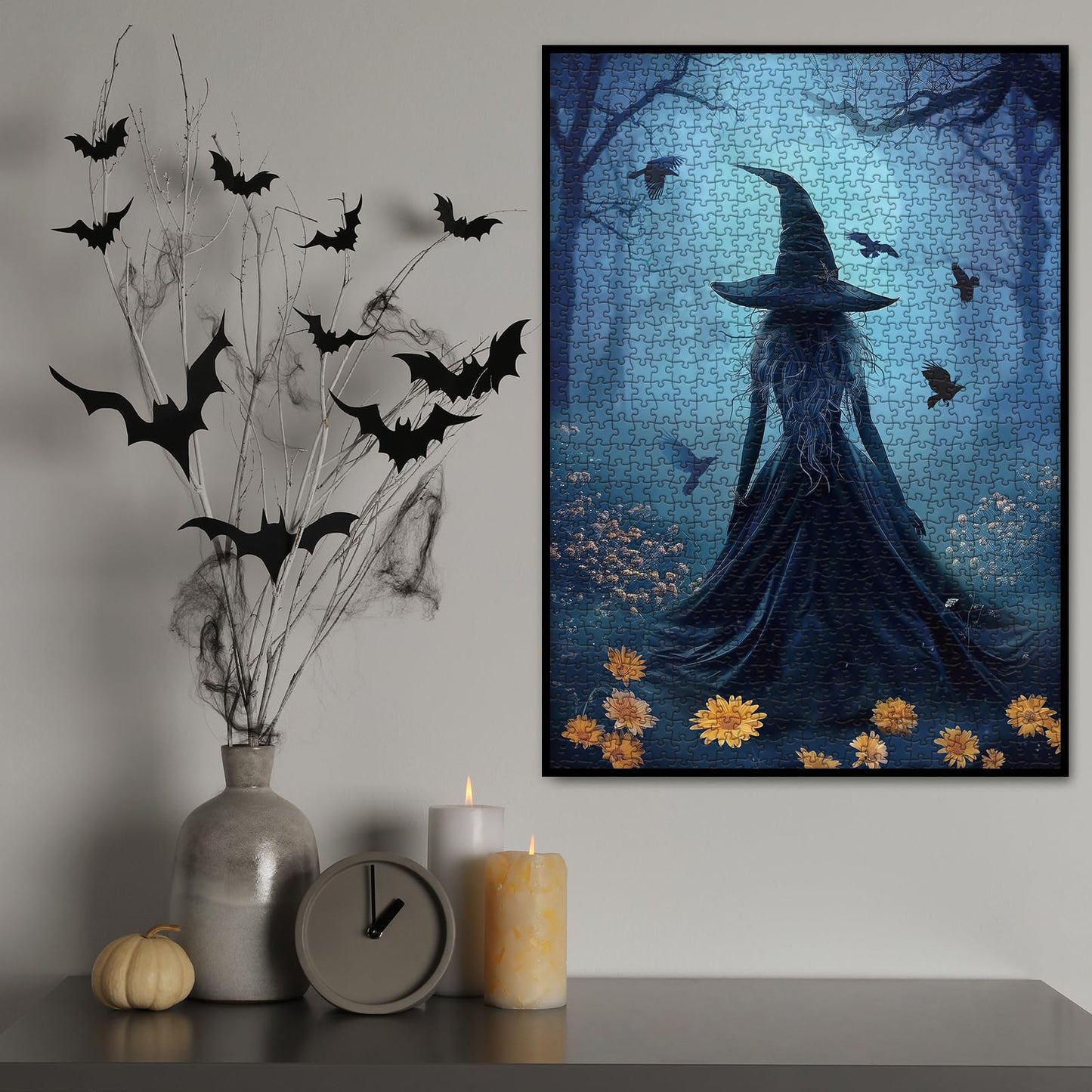 Halloween Witch Puzzle for Adults 1000 Pieces, Horror Holiday Jigsaw Puzzle, Fall Autumn Flower Bird Moon Aesthetic Forest Magic Women Puzzle