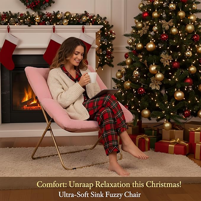 Givjoy Comfy Folded Chair, Soft Faux Fur Oversized Folding Chair, Flexible Lounge Lazy Chair for Kids Girls Teens Adults, Moon Chair for Dorm Rooms, Bedroom, Living Room