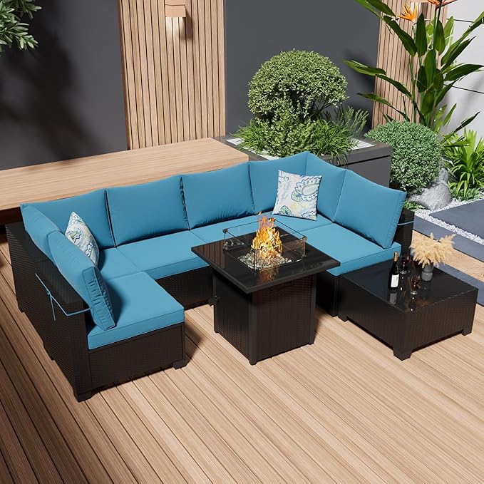 Ophelian 8 Piece Wicker Patio Furniture Set with Fire Pit Table, Rattan Outdoor Sectional Sofa, Patio Couch Set for Backyard, Garden, Deck (Coffee/Peacock Blue)