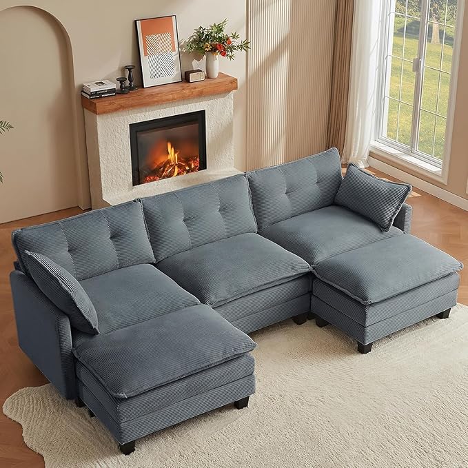 Amsleekey Modular Sectional Sofa, 111.5" U-Shaped Corduroy Comfy Sectional Couches for Living Room, 3-Seater Cloud Couches with 2 Movable Ottomans, Flexible Combination Modern Deep Seat Sofa (Grey)