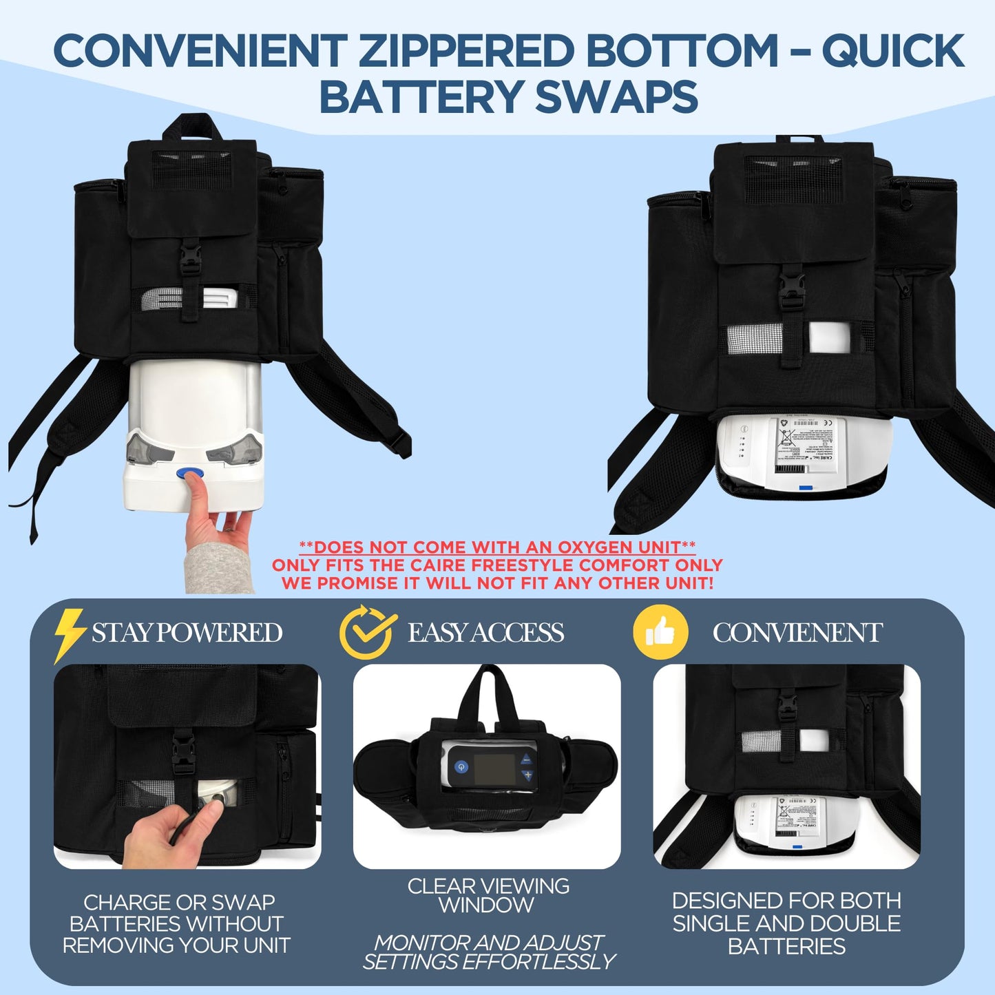 O2TOTES WEAR YOUR OXYGEN WITH STYLE Backpack Fit For Caire Freestyle Comfort; Zippered bottom, pockets for accessories, padded backpack straps, backpack only