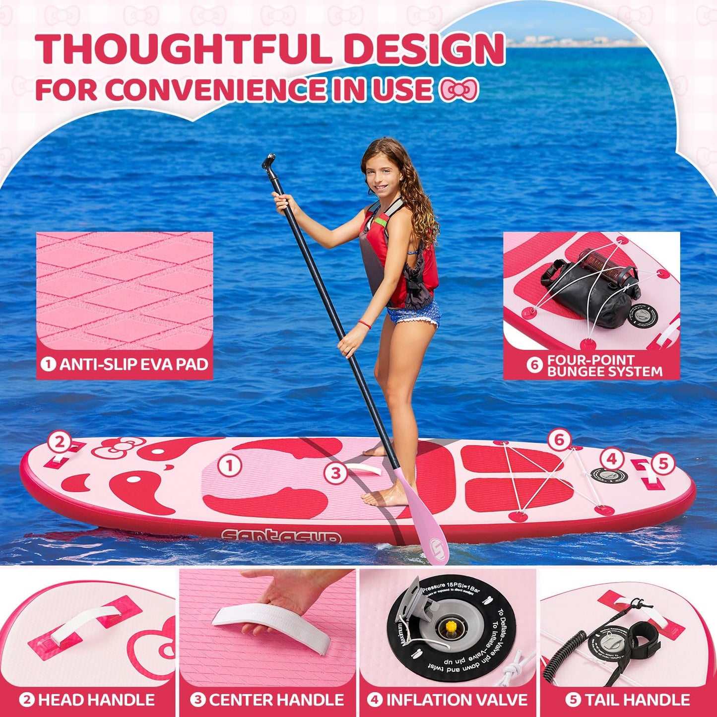Santasup Kids Inflatable Paddle Board, 8ft Blue Panda with Paddle Board Accessories, Stand Up Paddle Board Durable, Stable Design, Wide Non-Slip Deck, Hand Pump for Youth & Kids