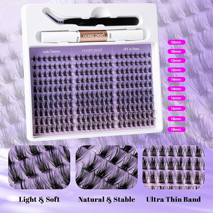 Ocean Pearl Lash Clusters Kit 300pcs,Eyelashes,spike-effect cluster lashes,10-18mm manga/anime-inspired lashes clusters,eyelash clusters,DIY Cluster Eyelash Extensions with lash bond+seal+tweezers-M33
