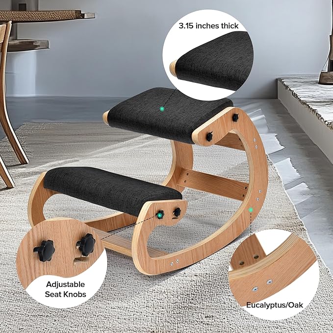 Easyego Kneeling Chair Ergonomic Posture Chair, Wood Adjustable Rocking Knee with Soft Padding, Natural Relief for Neck or Back Pain for Home Office, Max Load 300 lb - Black