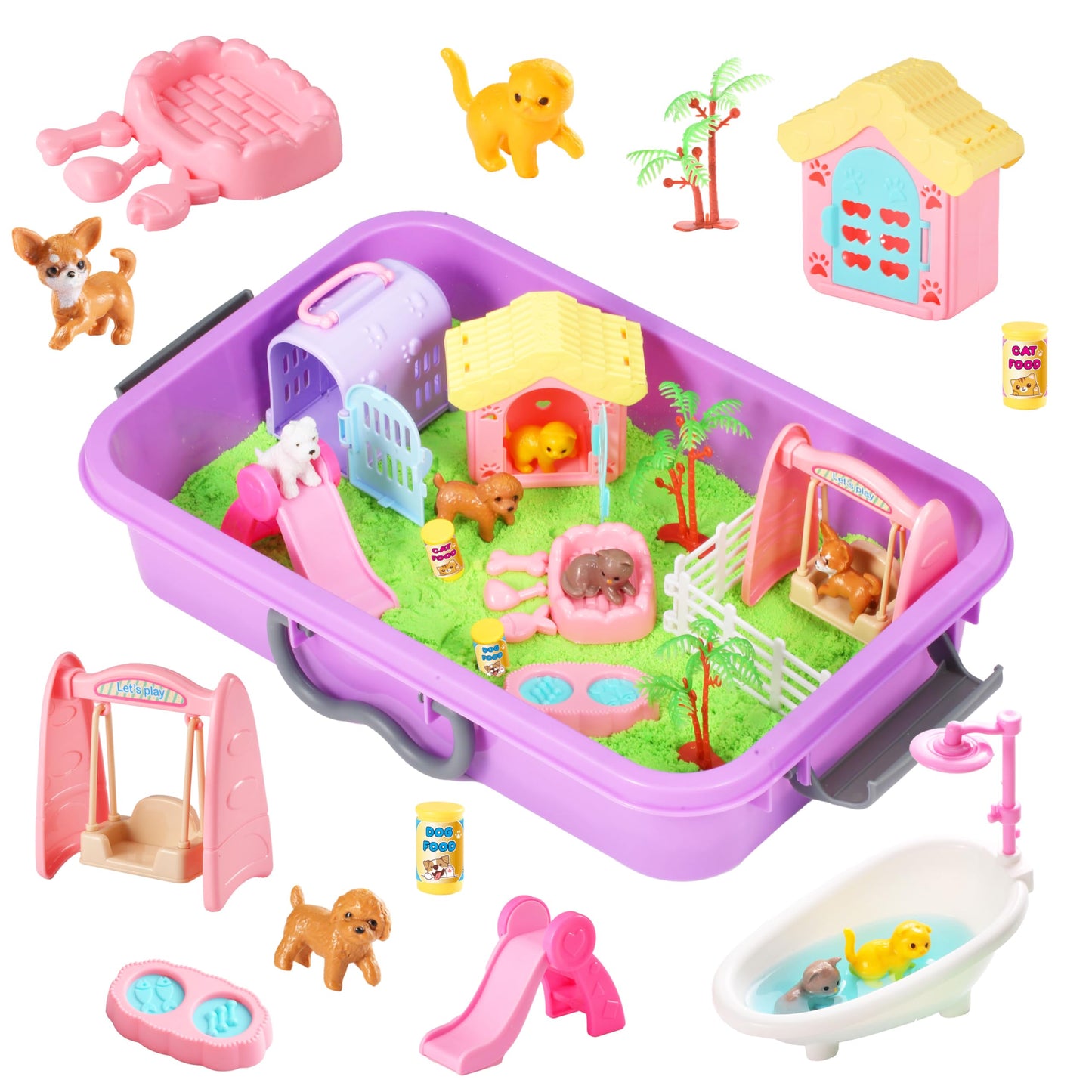 Carolart Pet Sensory bin,Dog and Cat Sandbox for Kids,Kids Play Sand Kit,Pet Play Set with Sensory Sand,Pet Care Play Set,Role Pretend Play Beach Toy Birthday Gift for Girls Boys 3 4 5 6 Years Old