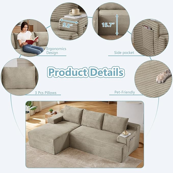 96" Cloud Sectional Couch with L-Shape Chaise, Modern Corduroy Boneless Couch for Living Room,Memory Foam Sofa with Deep Seat,No Assembly Required (Camel,Left-Facing Chaise)