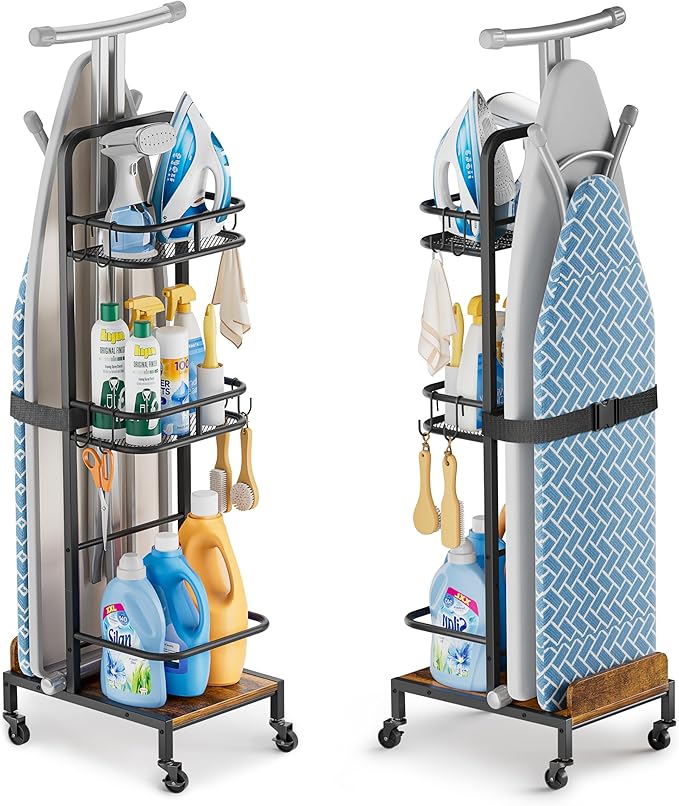 Ironing Board Hanger,Iron and Ironing Board Holder No Wall Mount,Laundry Room Organization and Storage Cart with Iron Stan...
