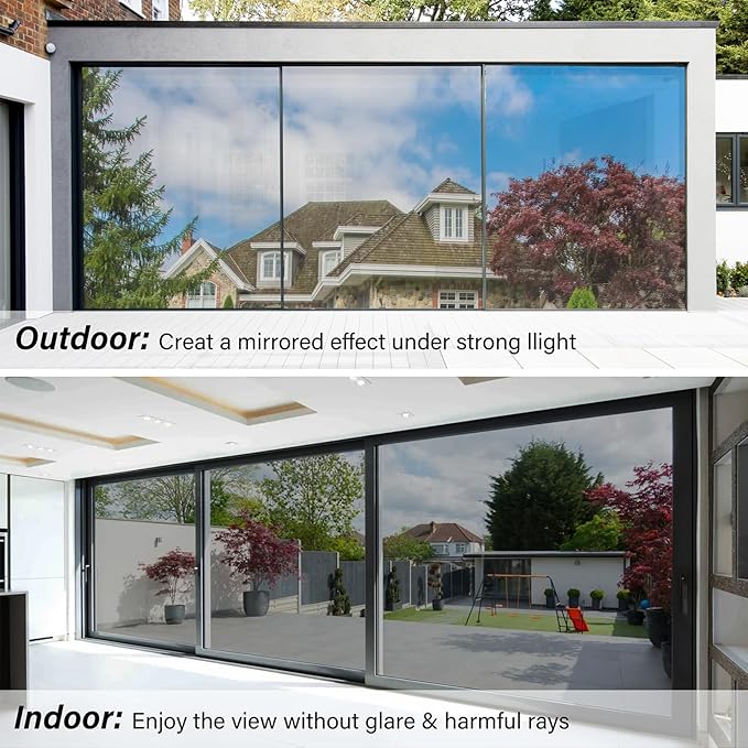Kromapolis One Way Window Privacy Film Reflective Mirror Home Window Tint, Daytime Privacy Heat Control Anti UV Glass Tinting Static Cling (Silver, 45.2 x 78.7 inch)
