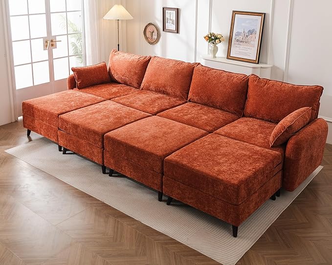 Rexulqo 135'' Modular Sectional Sofa with All Seats Storage, Oversized Sleeper Sofa Bed for Living Room,4-Seater Comfy Cloud Couches with Movable Ottoman,Big Sectional for Bedroom,Velet,Orange
