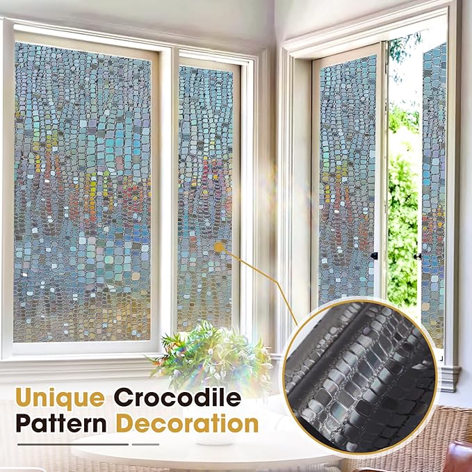Windimiley Rainbow Window Privacy Film, 3D Stained Glass Christmas Decorative Window Clings, UV Heat Blocking Holographic Prism Stickers for Home(11.8 x 78.7In,Brown)