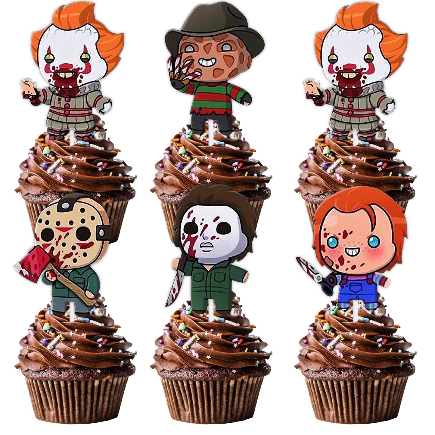 Pazwifa Cupcake Topper Halloween Fantasy Horror Movie Theme Supplies Decor Children Boys Girls Happy Birthday Anniversary Party Decorations Decor 18pcs Glitter