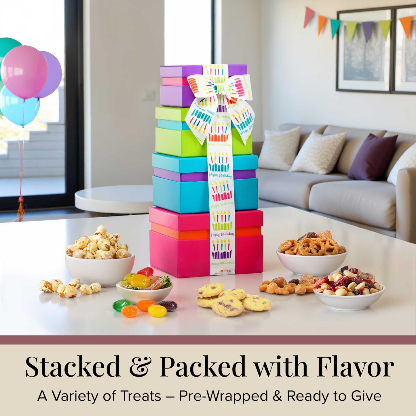 Broadway Basketeers Birthday Gift Basket Tower - Birthday Snack Box with Sweet and Savory Treats for Men, Women, & Kids