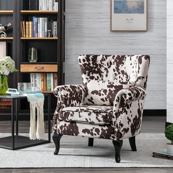 chairus Mid-Century Modern Accent Chairs Set of 2, Comfy Tufted Single Sofa Chair Wingback Armchair with Pillow for Club, Living Room, Bedroom - Velvet, Cow