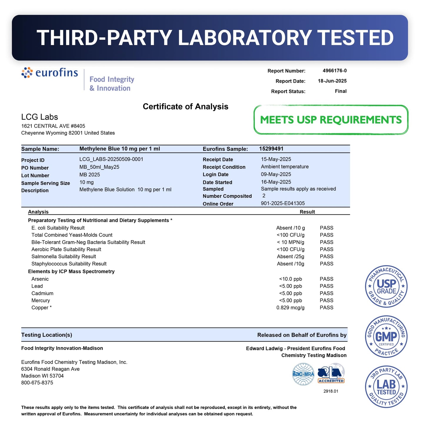 LCG LABS Methylene Blue Drops - Methylene Blue Pharmaceutical Grade 1% - Liquid Drops Aqueous Solution 10 mg / 1 ml - Third Party Tested - Formaldehyde & Alcohol-Free - Made in USA 1.7 Fl OZ