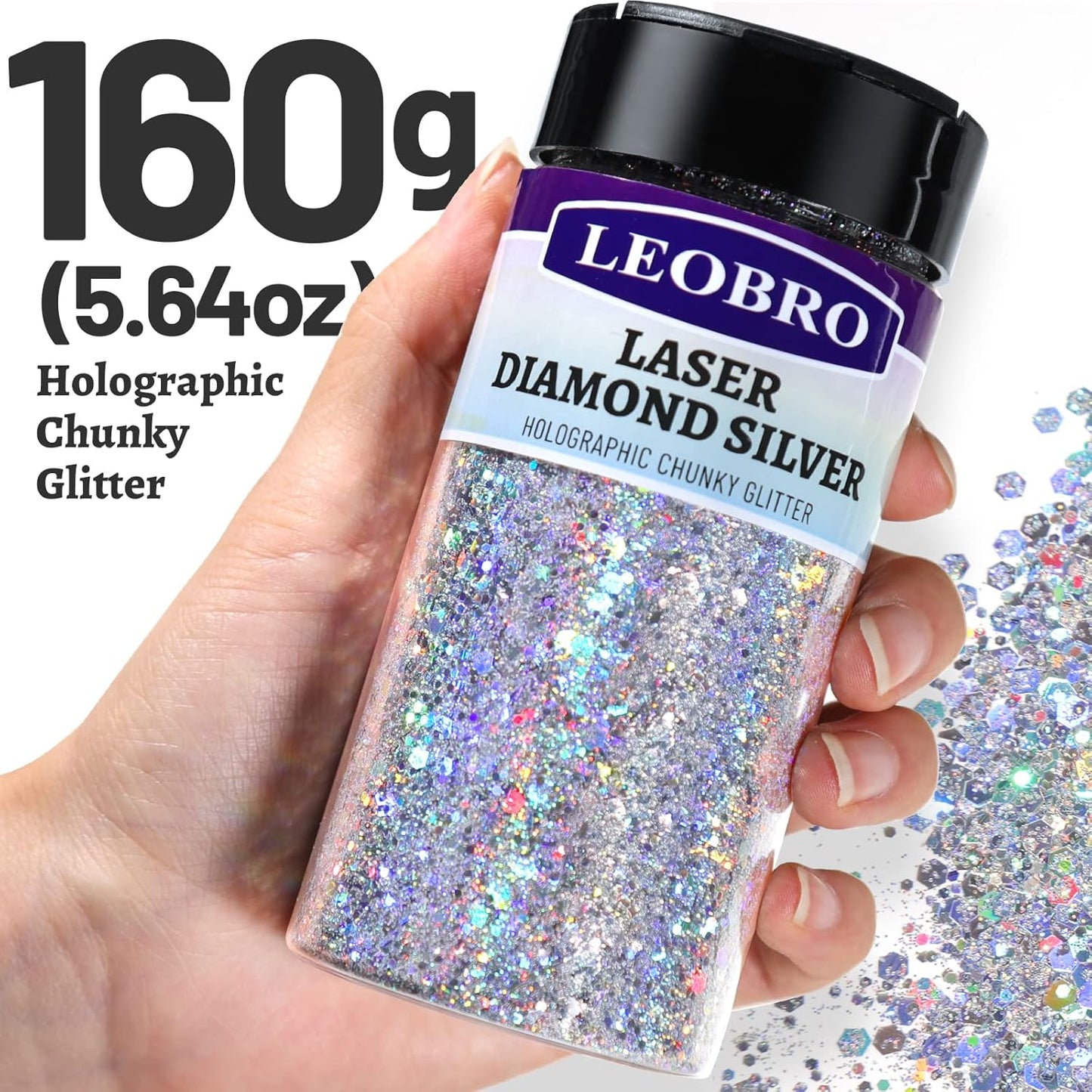 LEOBRO Silver Glitter, 160G/5.64OZ Holographic Chunky Glitter for Crafts, Resin, Body Nail Face Hair, DIY Decorations