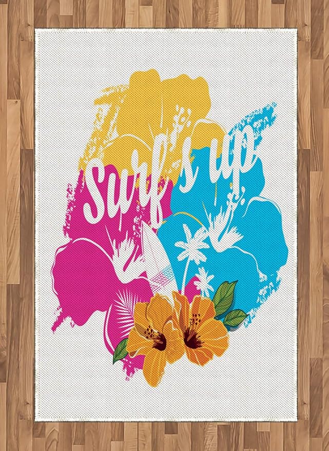 Ambesonne Beach Saying Area Rug, Tropical Hawaiian Hibiscus Flower Bouquet and Surf up Phrase with Paddle Board, Flat Wove...