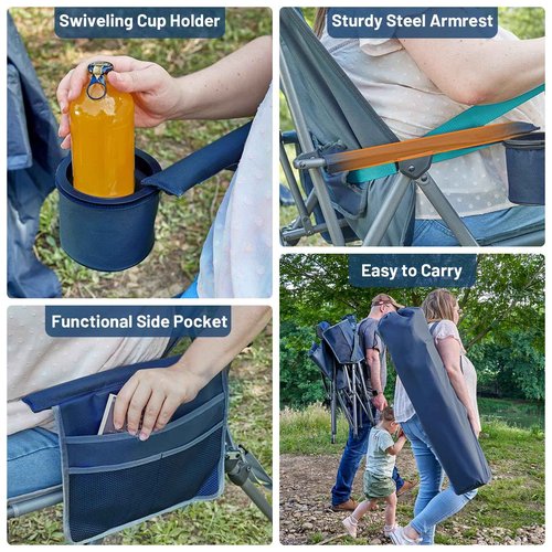 TIMBER RIDGE Oversized Camping Chair with Lumbar Support, Portable Folding Chair Heavy Duty for Adults Supports 450 LBS for Outdoor Camping, Lawn, with High Back, Cup Holder, Side Pocket - Blue