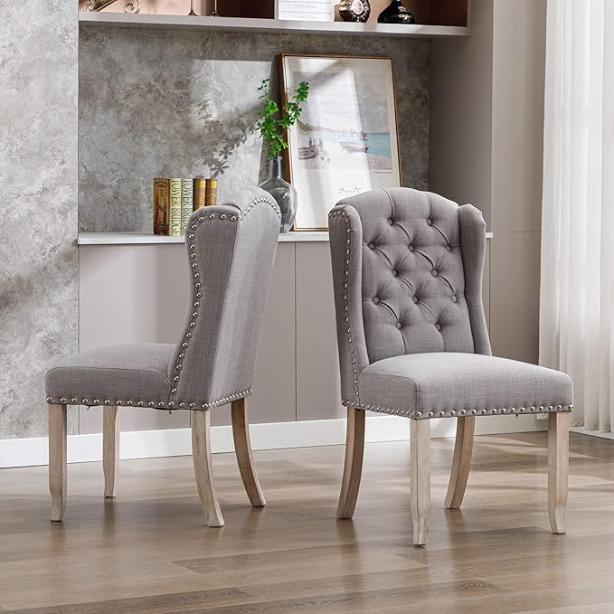 DUOMAY Modern Tufted Dining Chairs Set of 2, Linen Upholstered Dining Room Chairs Armless Guest Side Chair for Kitchen Dining Room, Wingback Accent Chairs with Solid Wood, Grey