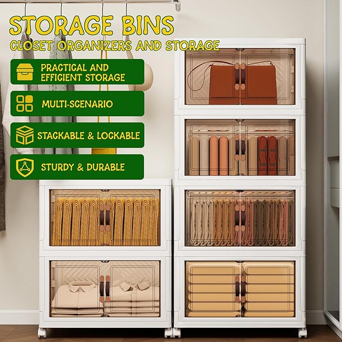 Storage Bins with Lids and Wheels, Collapsible Bathroom Storage Cabinet with Clear Doors, Plastic Stackable Closet Organizers and Storage Containers White 398 QT